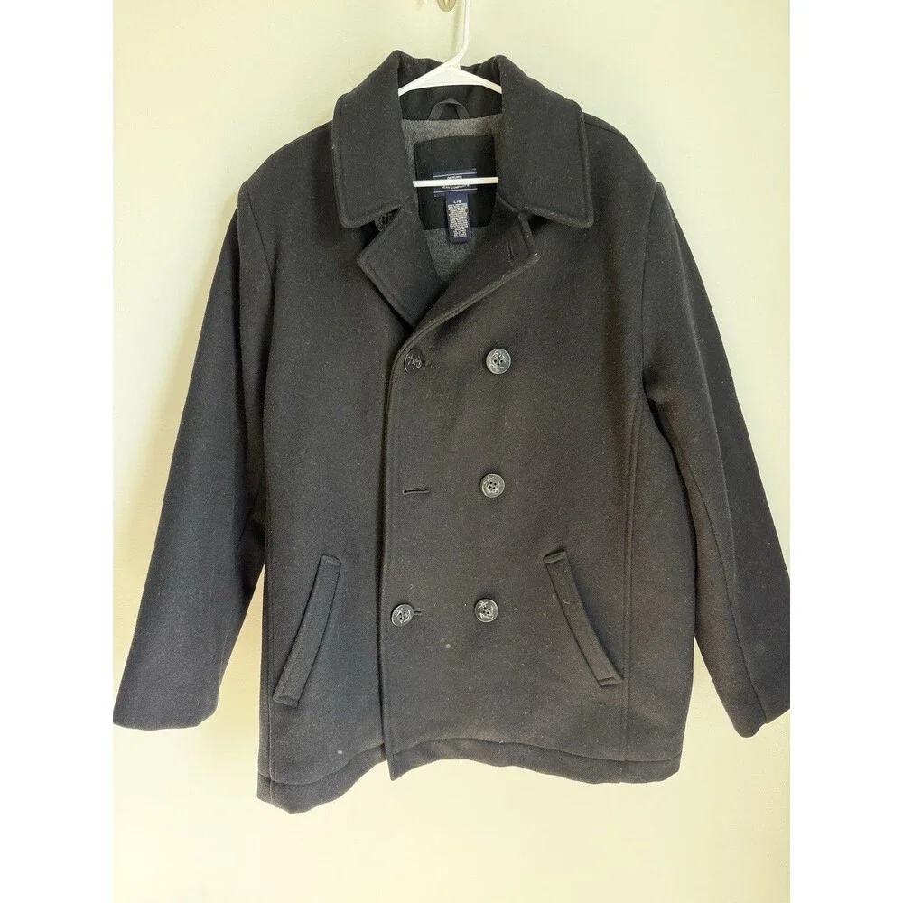 Men’s Black Wool Navy Pea Coat-Sonoma Brand-Large-Fleece Lining-EUC
